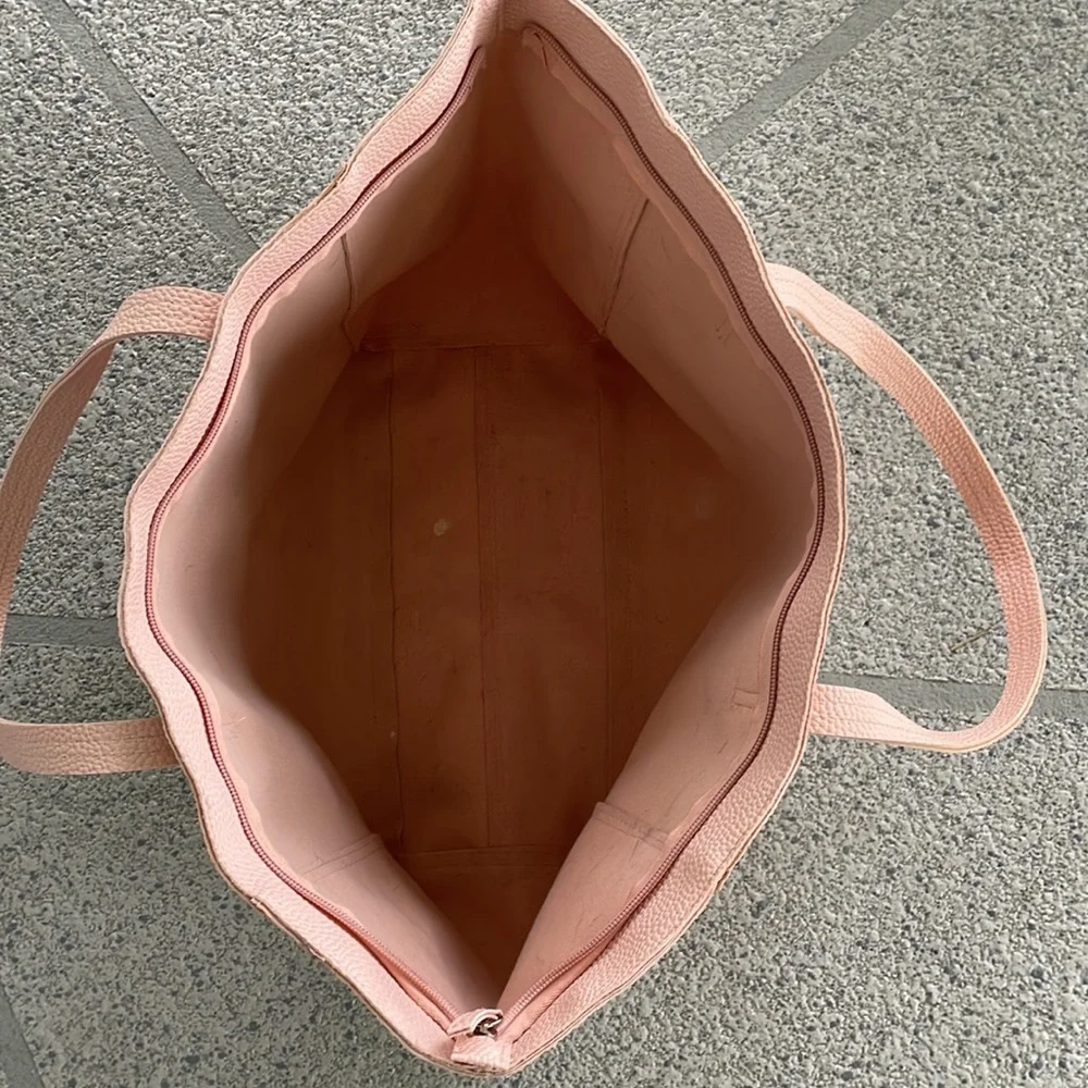 Metallic rose gold blush pink laser cut zip closure large tote bag